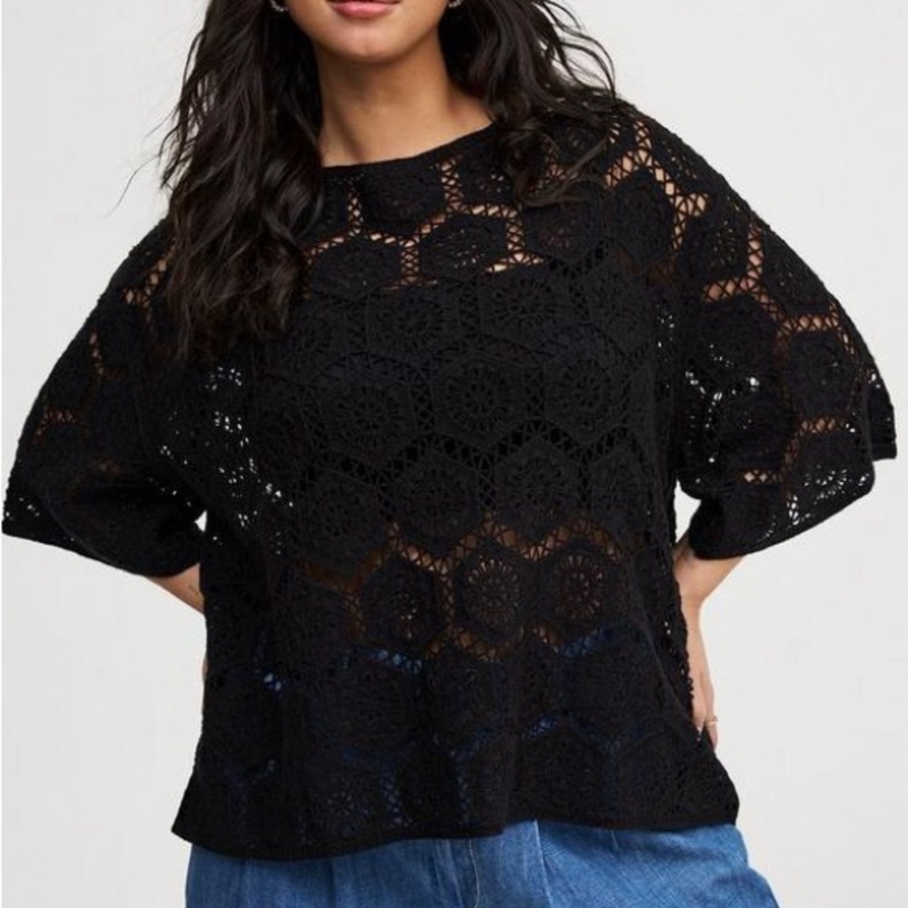 Torrid Black Crochet Pullover Sweater Knitted Crewneck Half Sleeve Top Size 4X